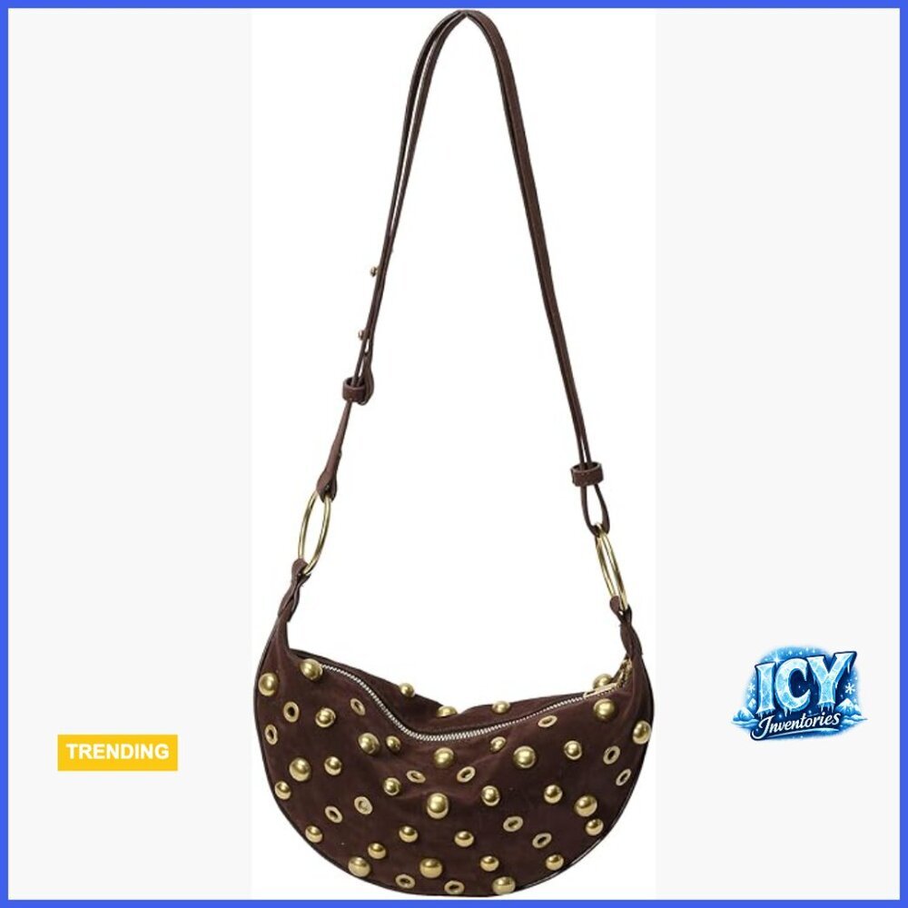 Studded Hobo Bag Faux Suede Crescent Shoulder Bag Y2K Trendy Purse